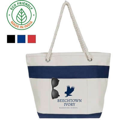 Heavy Duty Nautical 16 oz Canvas Tote Bag | Beach Everyday Travel Navy (18x13x7)